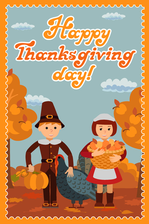 Thanksgiving day card with congratulations children vector illustration.のイラスト素材