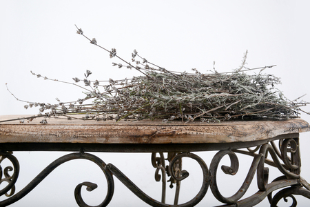 Provence herbs lavender on the vintage table on white background. Photoの写真素材
