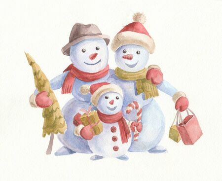 Watercolor Christmas illustration with cute snowmen, Christmas tree and gifts. Family on white background. Merry Christmas and Happy New Year wishes card.の写真素材