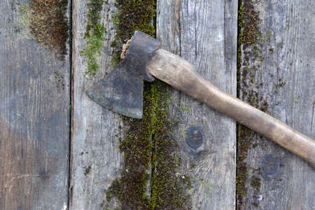 Old axe with wooden handle on antique moss boards. Rustic style photoの写真素材