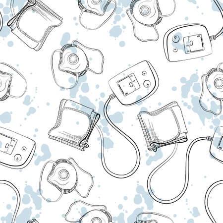 Seamless vector pattern with blood pressure meters and medicine protection masks on the grunge style spots background.のイラスト素材