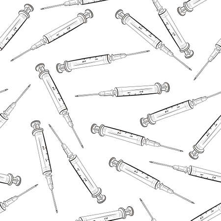 syringe linear black and white vector seamless pattern illustration.のイラスト素材