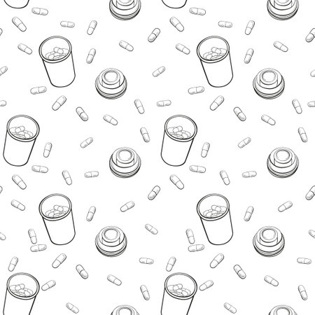Open jar of medicine. Pills are scattered, hand-drawn in black and white, simple graphics seamless pattern.のイラスト素材