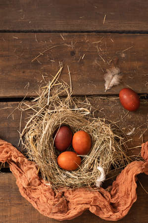 Painted Easter chicken eggs in a nest. Holiday Easter concept background. Copy spaceの写真素材
