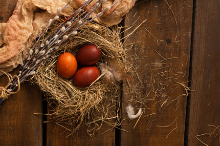 Painted Easter chicken eggs in a nest and willow branches. Holiday Easter concept background. Copy spaceの写真素材