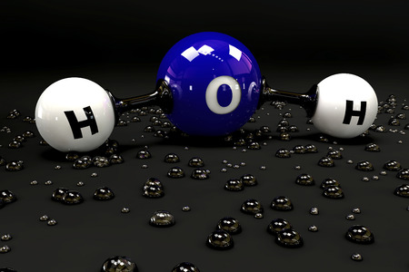 A 3D Illustration blue molecule of water on a black backgroundの写真素材