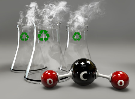 3D Illustrator co2 molecule with chimney on gray background.の写真素材