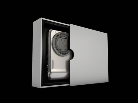 3d Illustration of Digital photo camera in the box. isolated on black backgroundの写真素材