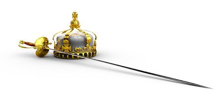 handed medieval knight sword and crown 3d illustration isolated