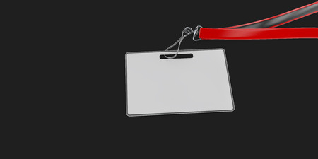 Red Blank name bagde lace mockup, 3d illustration. Plain empty namebadge mock up with cotton band. isolated blackの写真素材