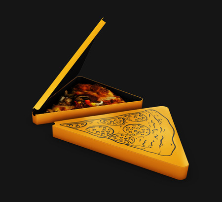 3d Illustration of Pizza triangular box with pizza in, isolated on black.の写真素材