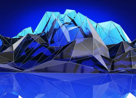 Abstract blue mountain landscape in polygonal, 3d Illustrationの写真素材