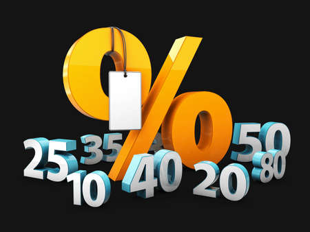 Yellow Percentage with label and blue numbers of discount, on black backgroundの写真素材