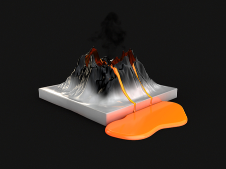 Crater mountain volcano and eruption lava, hot natural eruption, 3d illustration. isolated black