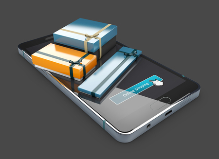 3d Illustration of gift colored boxes with ribbon bows on phone screen.の写真素材