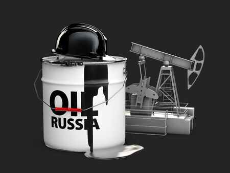 3d illustration of barrel russian oil with oil pump, isolated blackの写真素材