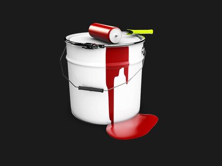 Bucket of red paint with the roller, 3d Illustrationの写真素材