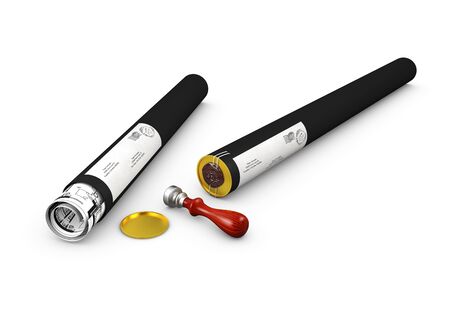 Drawing Tube with stamp. 3d illustration isolated whiteの写真素材