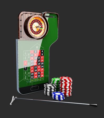 Casino roulette wheel with casino chips. 3d illustrationの写真素材