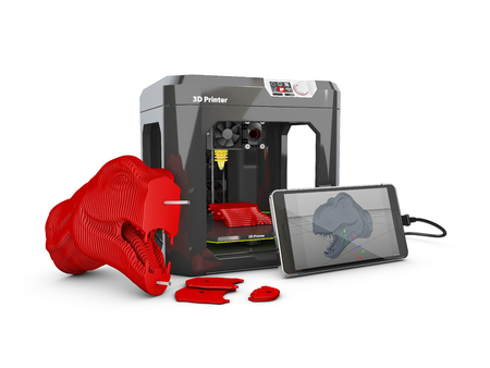 3D printer, smart phone and 3D sample model. 3D Illustration.
