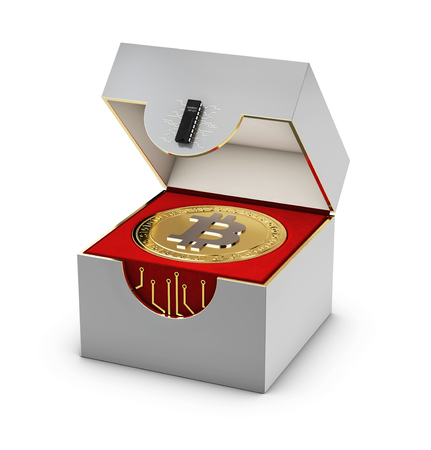 3d Illustration of a jewelry box with golden bitcoin isolated on white.の写真素材