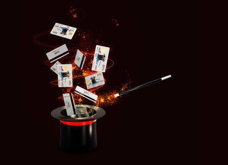 Background Magic Hat With Shine and flying discount cards. isolated black, 3d Illustration.の写真素材