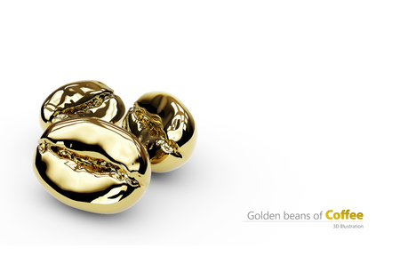 3d Illustration of golden coffee beans, isolated white.の写真素材
