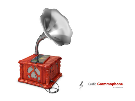 3d Illustration of Smartphone music. Old vintage gramophone and mobile phone. Mobile apps concept.の写真素材