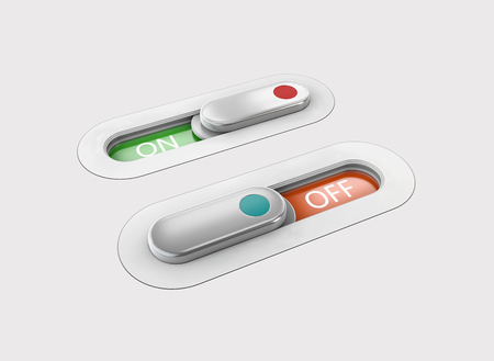 Realistic toggle switch. Gray switches with backlight, on and off position. 3d illustration