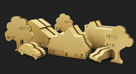 A house, car and tree in brown cardboard, isolated black. 3d illustration.の写真素材