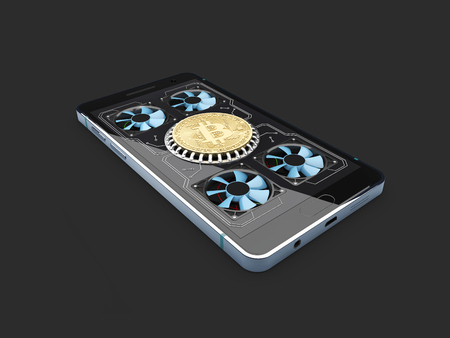 Mining. bitcoin farm. working phone equipment. Isolated black background, 3d Illustrationの写真素材