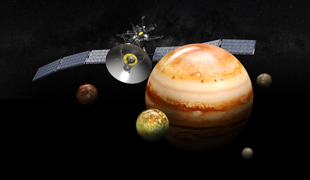 3D Illustration of Satellite Orbiting Jupiter. On black background