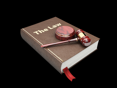Judges wooden hammer and law book. 3d illustrationの写真素材