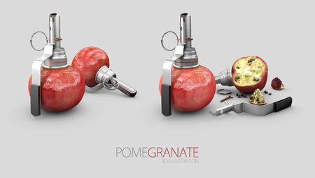 3d Illustration of pomegranate and cracked pomegranate grenade.の写真素材
