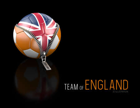 3d Illustration of Soccer ball with England flag isolated on black background.の写真素材