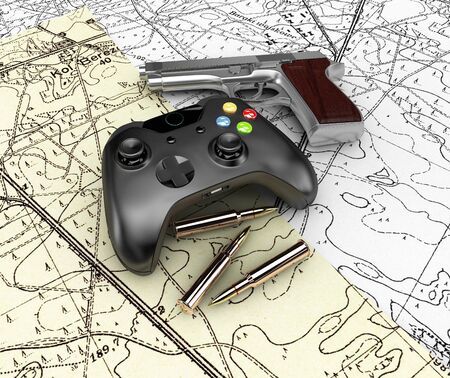 video game controller with gun on the maps, 3d Illustration.