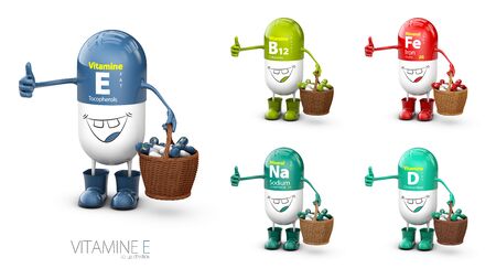 Vitamin E shining pill cartoon capsule with set of vitamine. 3d illustration.の写真素材