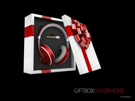 Music gift concept. Headphones in gift box, 3d Illustrationの写真素材