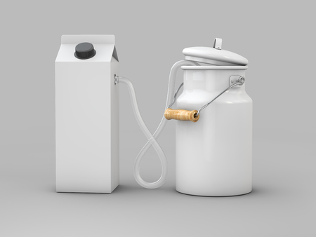 3d Illustration of milk can with milk carton, on gray backgroundの写真素材