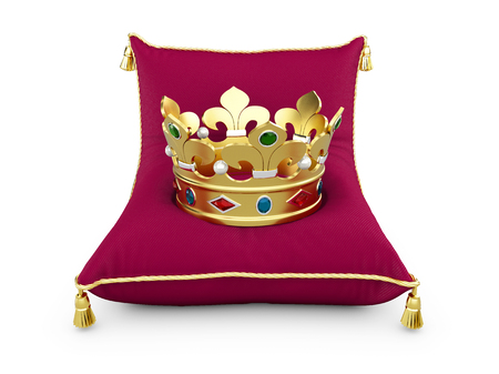Gold King crown on the magentas pillow isolated white 3d illustrationの写真素材