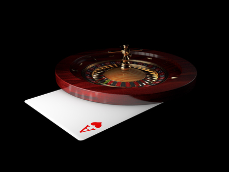 3d Illustration of casino roulette with ace play card, on black background.の写真素材