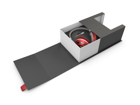 3d Illustaration of Black and silver headphones in white and black box on black background. Mockupの写真素材