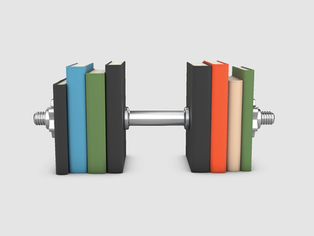 3d Illustration of dumbbell and stack of books for the concept of learning to be fit and healthy.の写真素材