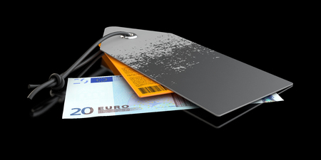 3d Illustration of gray and orange price labels with money isolated blackの写真素材