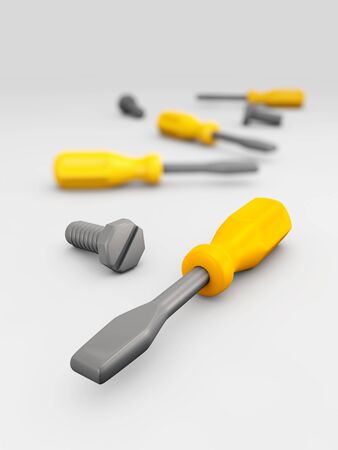 3d Illustration of screwdriver and bolts isolated on blurred background. Repair and maintenance concept.の写真素材