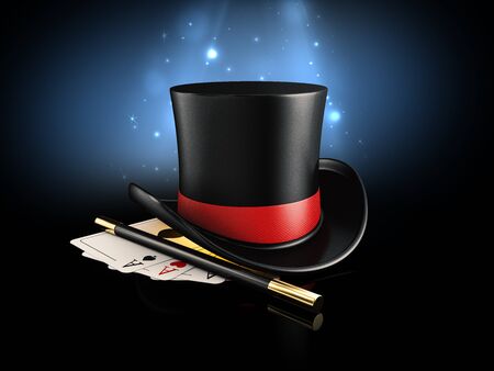 3d Rendering of Magic Hat With Shine, Magic wand and play cardsの写真素材