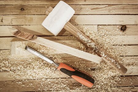 Woodwork tools on the boards backgroundの写真素材