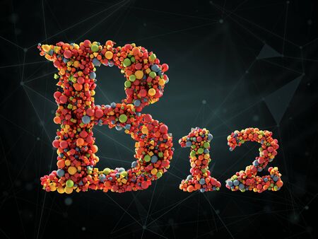 3d Rendering of vitamin B12 on abstract background. Concept of dietary supplementsの写真素材