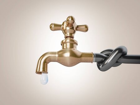 3d Rendering of Classic brass faucet sticking out from a blocked pipeの写真素材