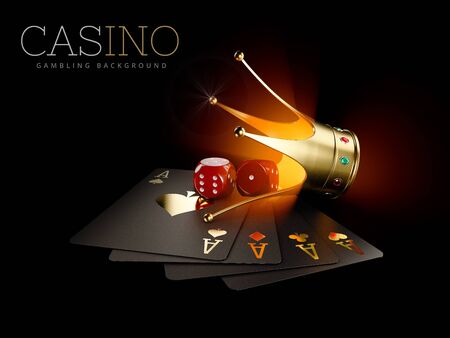 3d Rendering of Play cards with Red dice and gold crown, casino background. Gambling template.の写真素材